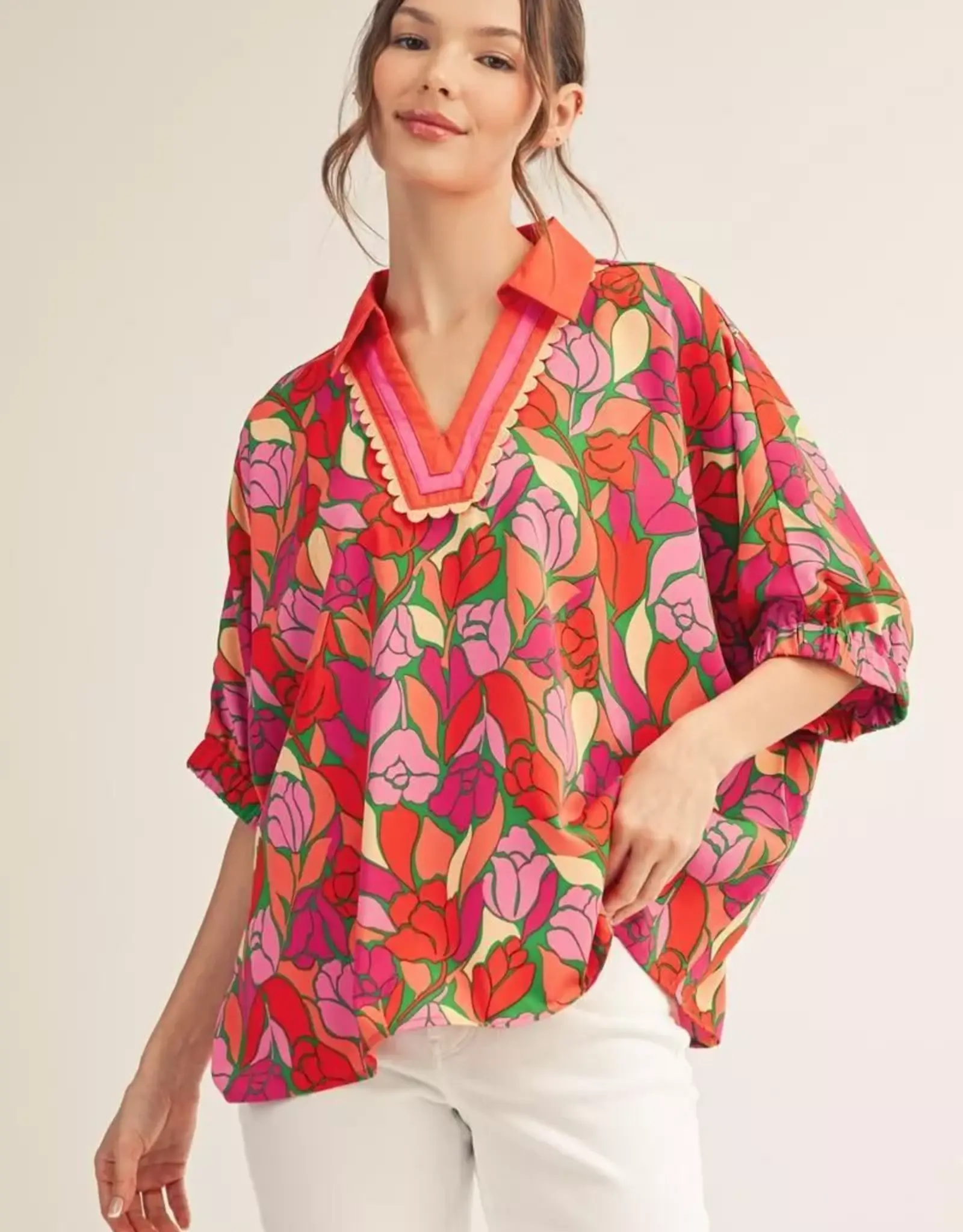 Collared Floral Top w/ Scallop Trim