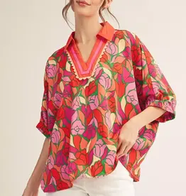 Collared Floral Top w/ Scallop Trim