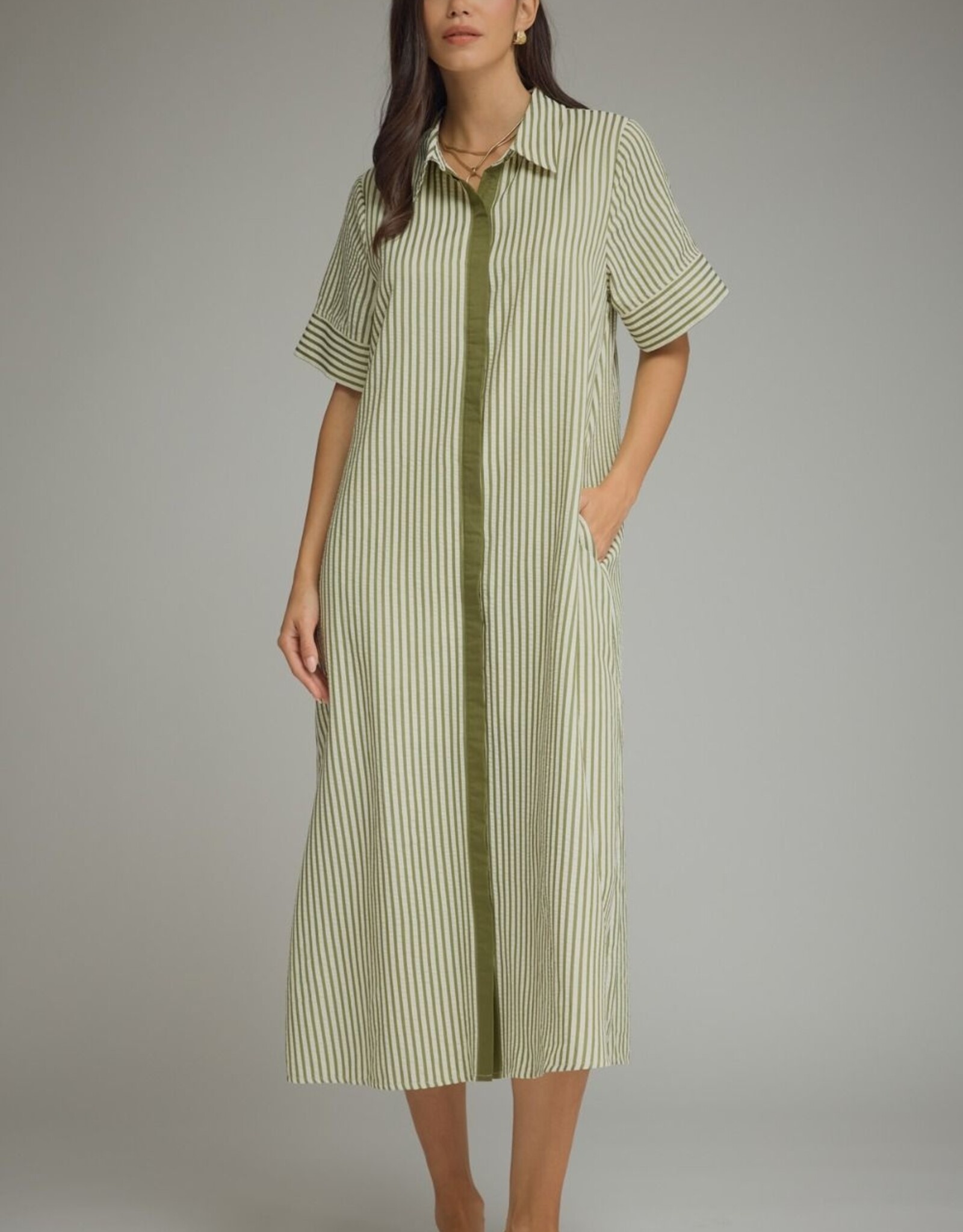 Hunter Green Striped Button Down Dress