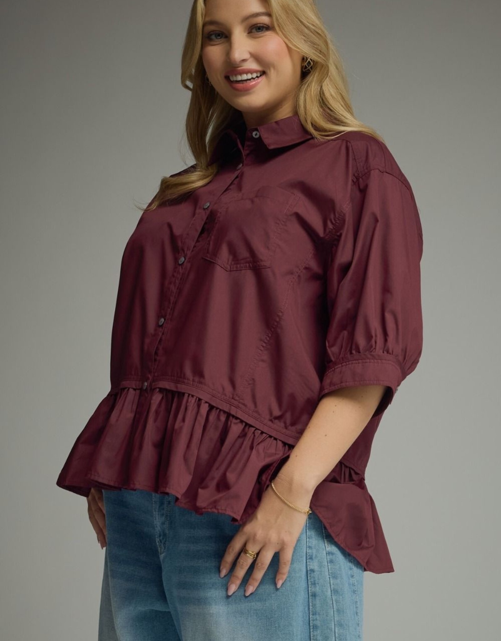 Merlot Button Down Peplum Top