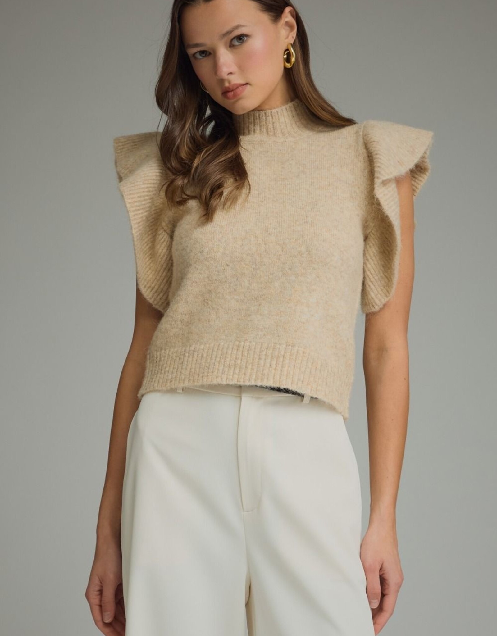 Oatmeal Mock Neck Sleeveless Sweater