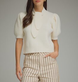 Cream S/S Puff Sleeve Sweater w/ Neck Tie