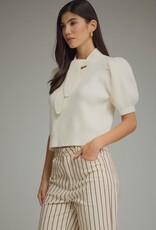 Cream S/S Puff Sleeve Sweater w/ Neck Tie