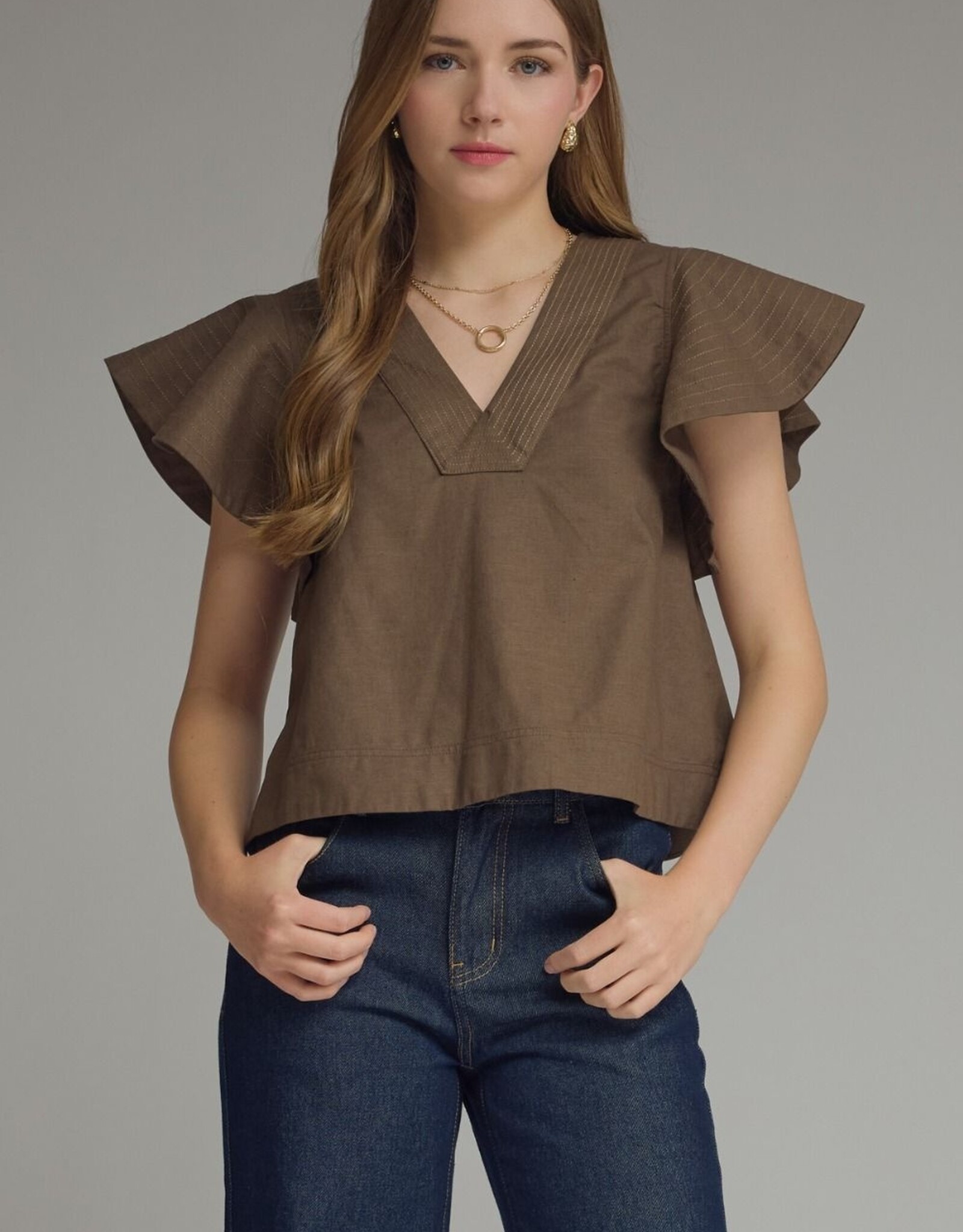 Brown Flutter Sleeve Top