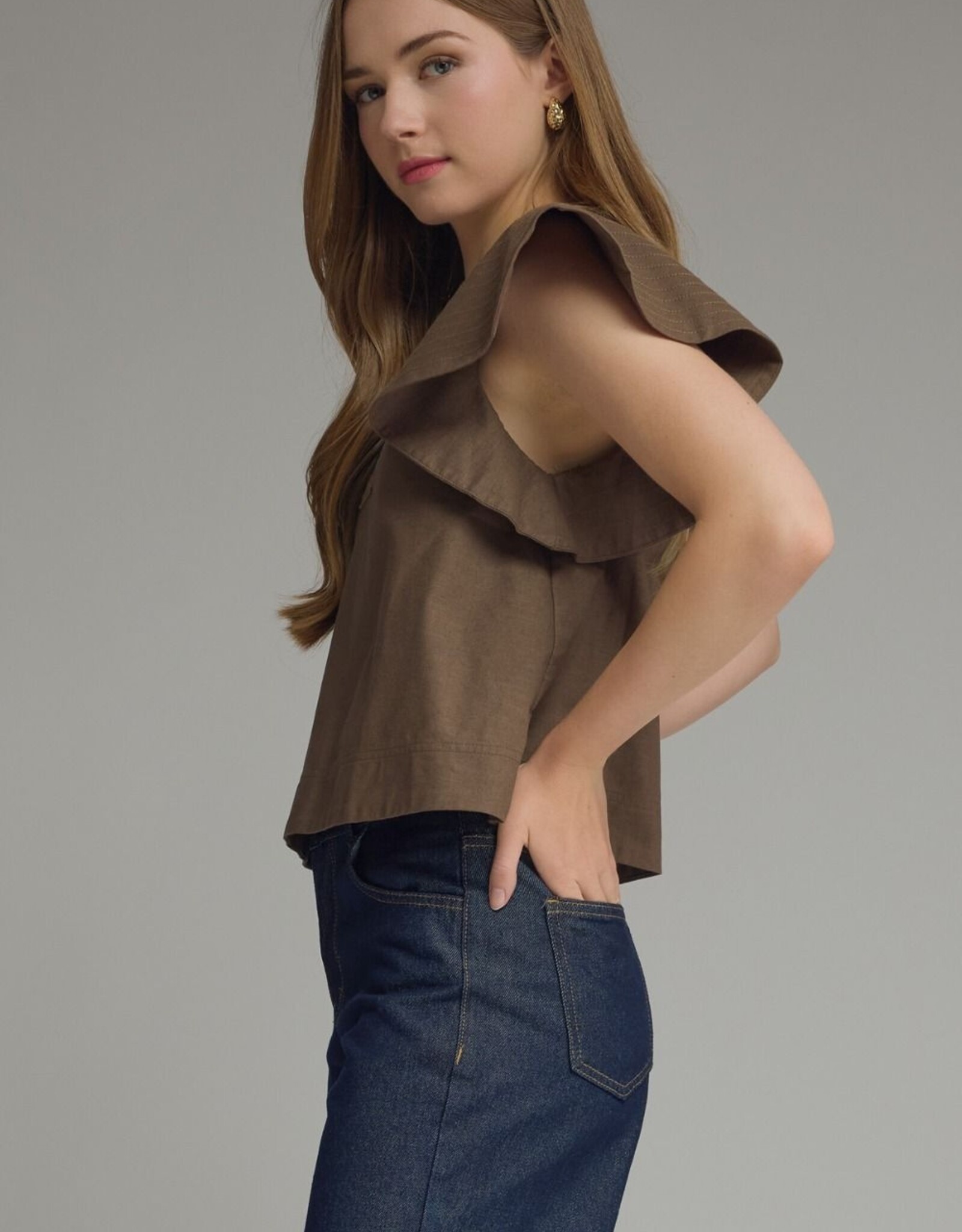 Brown Flutter Sleeve Top