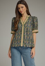 Navy Floral Top w/ Gingham Trim