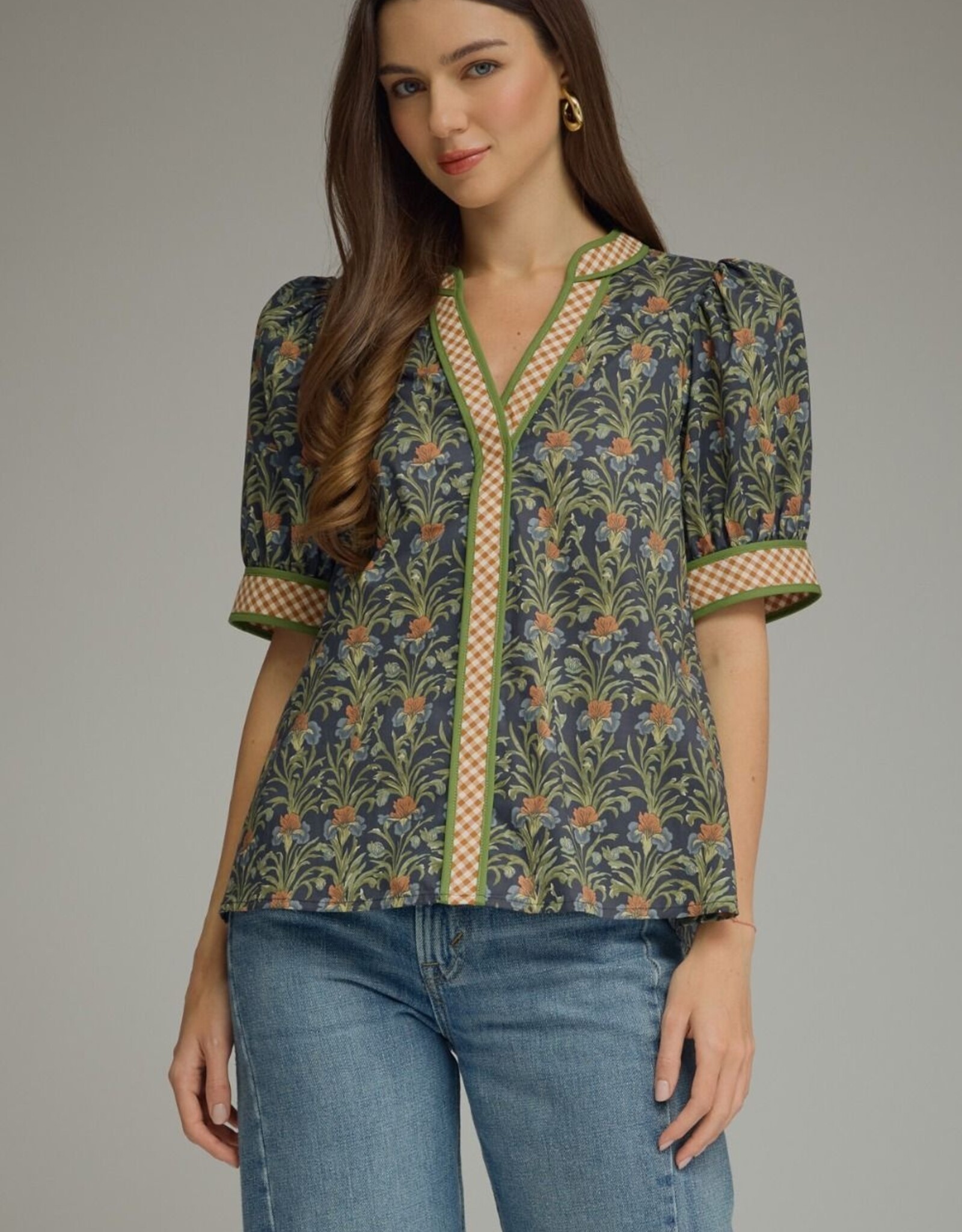 Navy Floral Top w/ Gingham Trim
