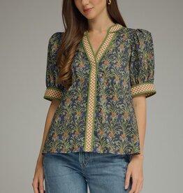 Navy Floral Top w/ Gingham Trim