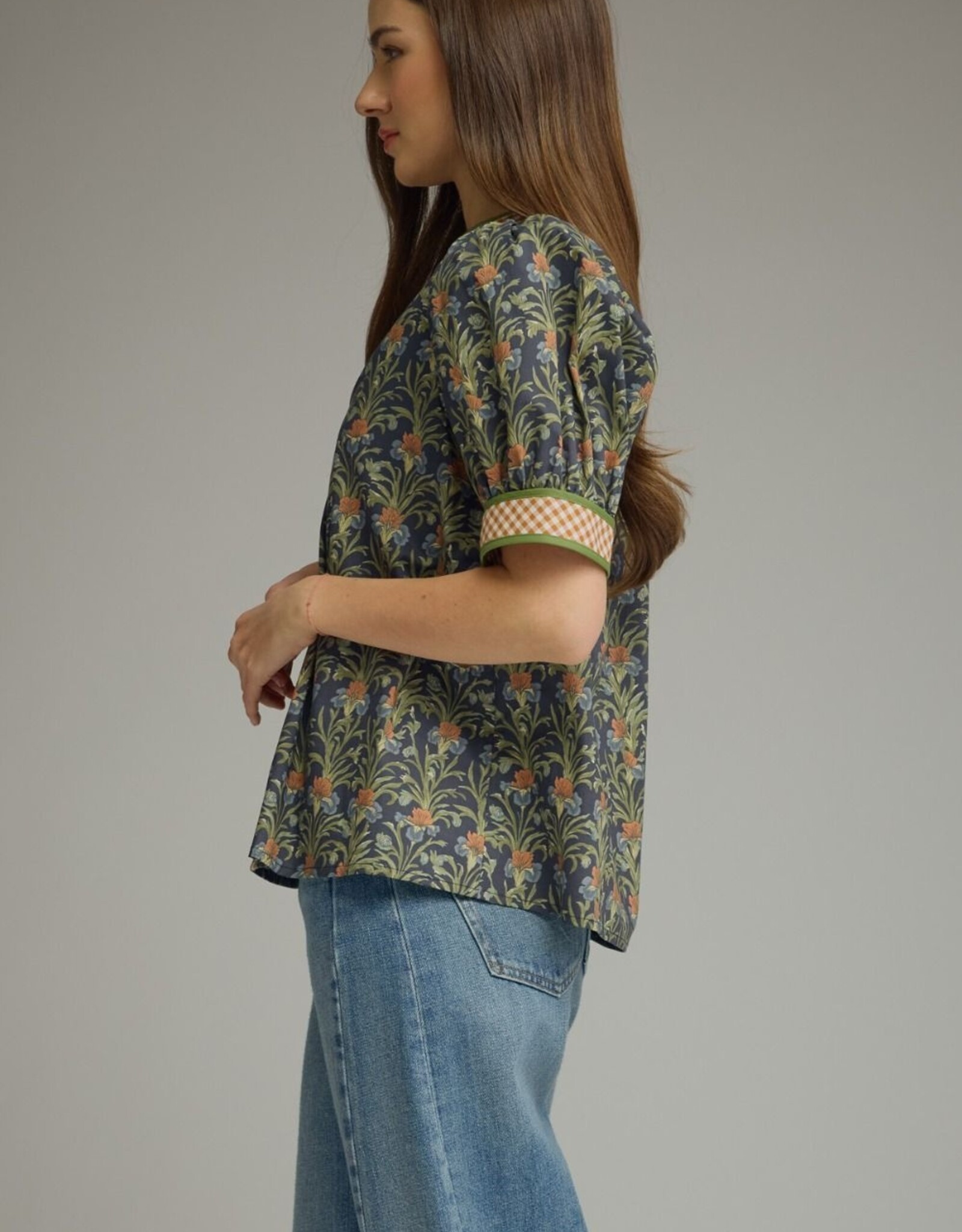 Navy Floral Top w/ Gingham Trim