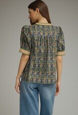 Navy Floral Top w/ Gingham Trim