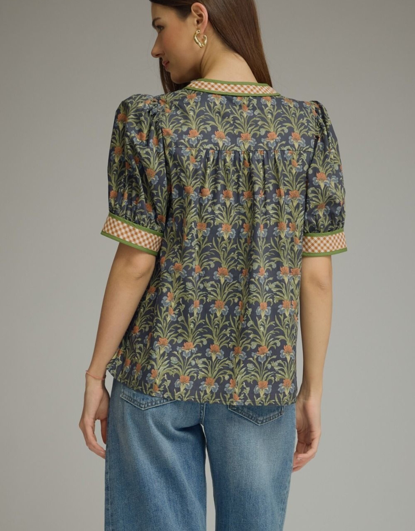 Navy Floral Top w/ Gingham Trim