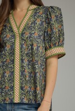 Navy Floral Top w/ Gingham Trim