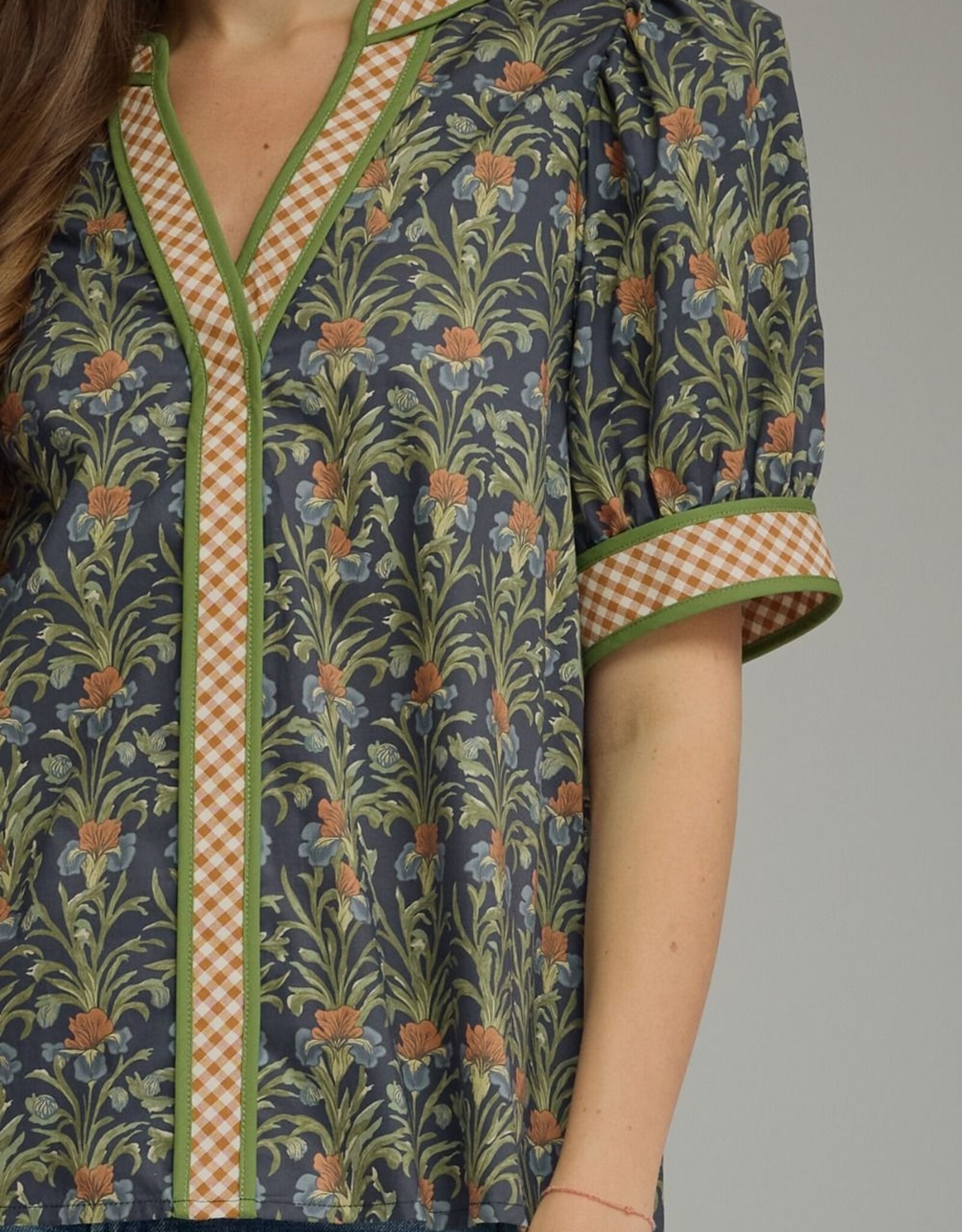 Navy Floral Top w/ Gingham Trim
