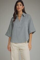 3/4 Sleeve Collared Gingham Top
