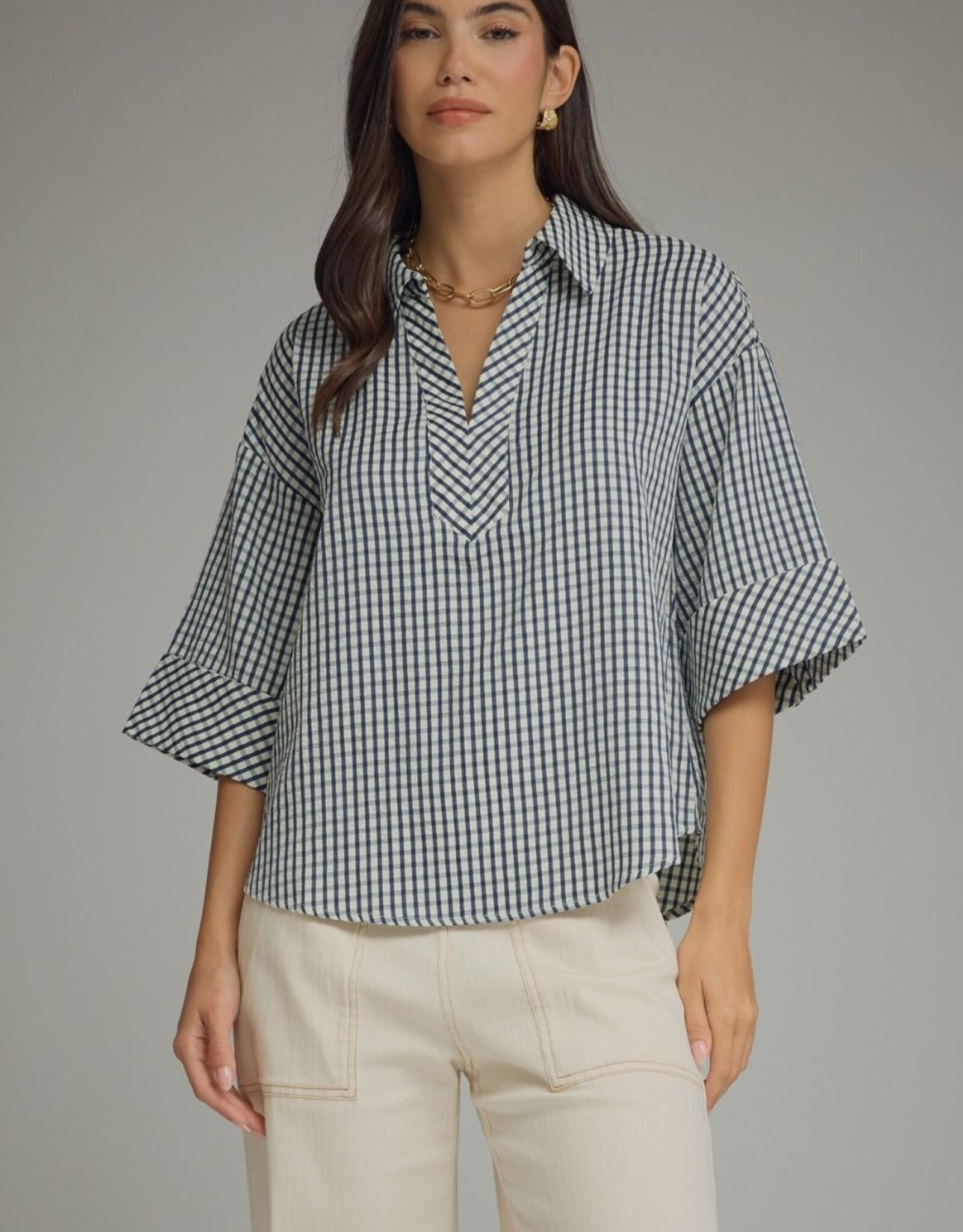 3/4 Sleeve Collared Gingham Top