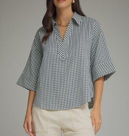 3/4 Sleeve Collared Gingham Top