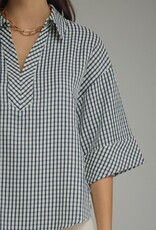 3/4 Sleeve Collared Gingham Top