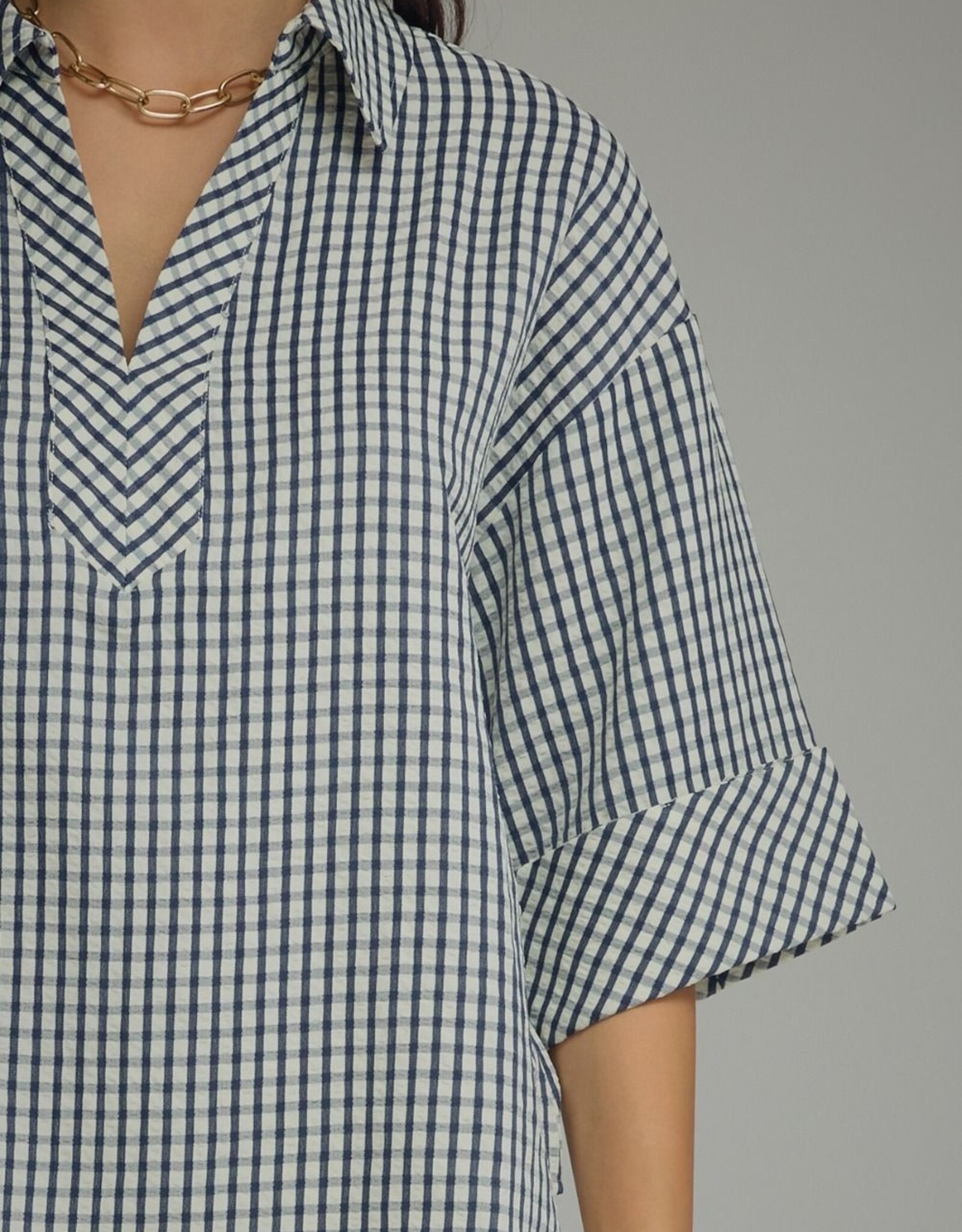 3/4 Sleeve Collared Gingham Top