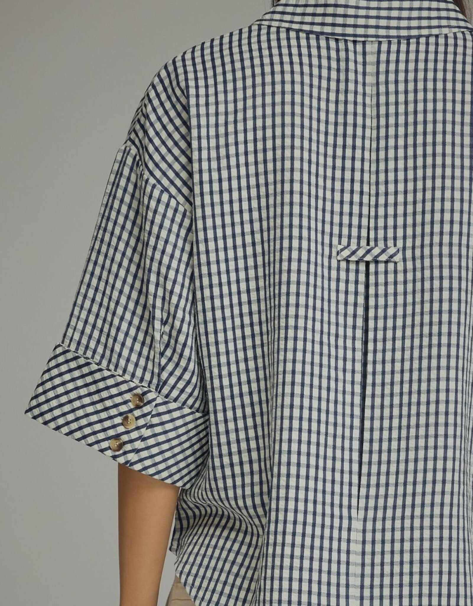 3/4 Sleeve Collared Gingham Top