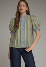 Olive Striped Top w/ Blue Trim