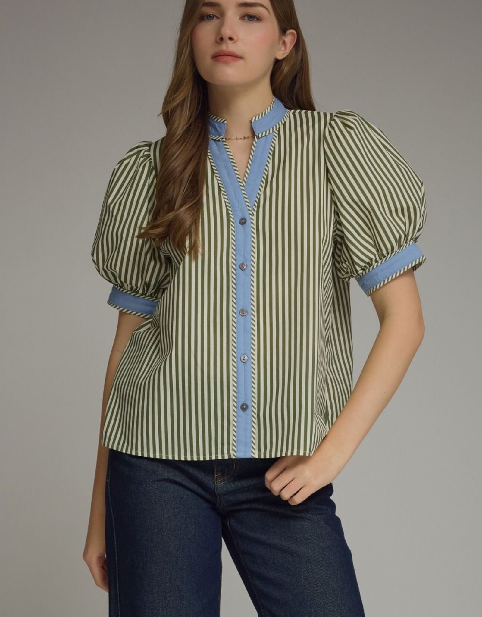 Olive Striped Top w/ Blue Trim
