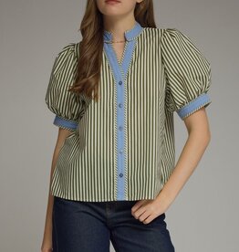 Olive Striped Top w/ Blue Trim