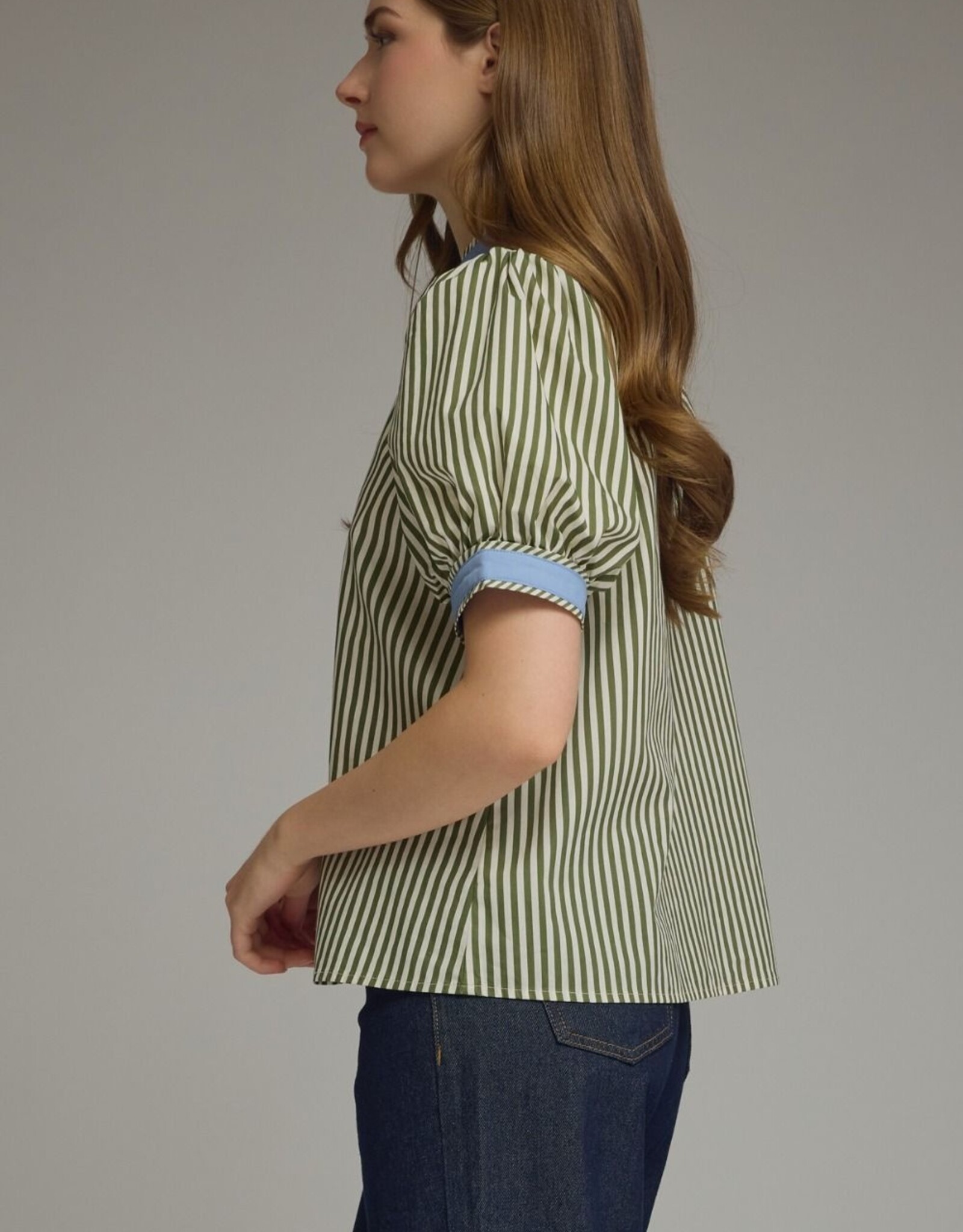 Olive Striped Top w/ Blue Trim