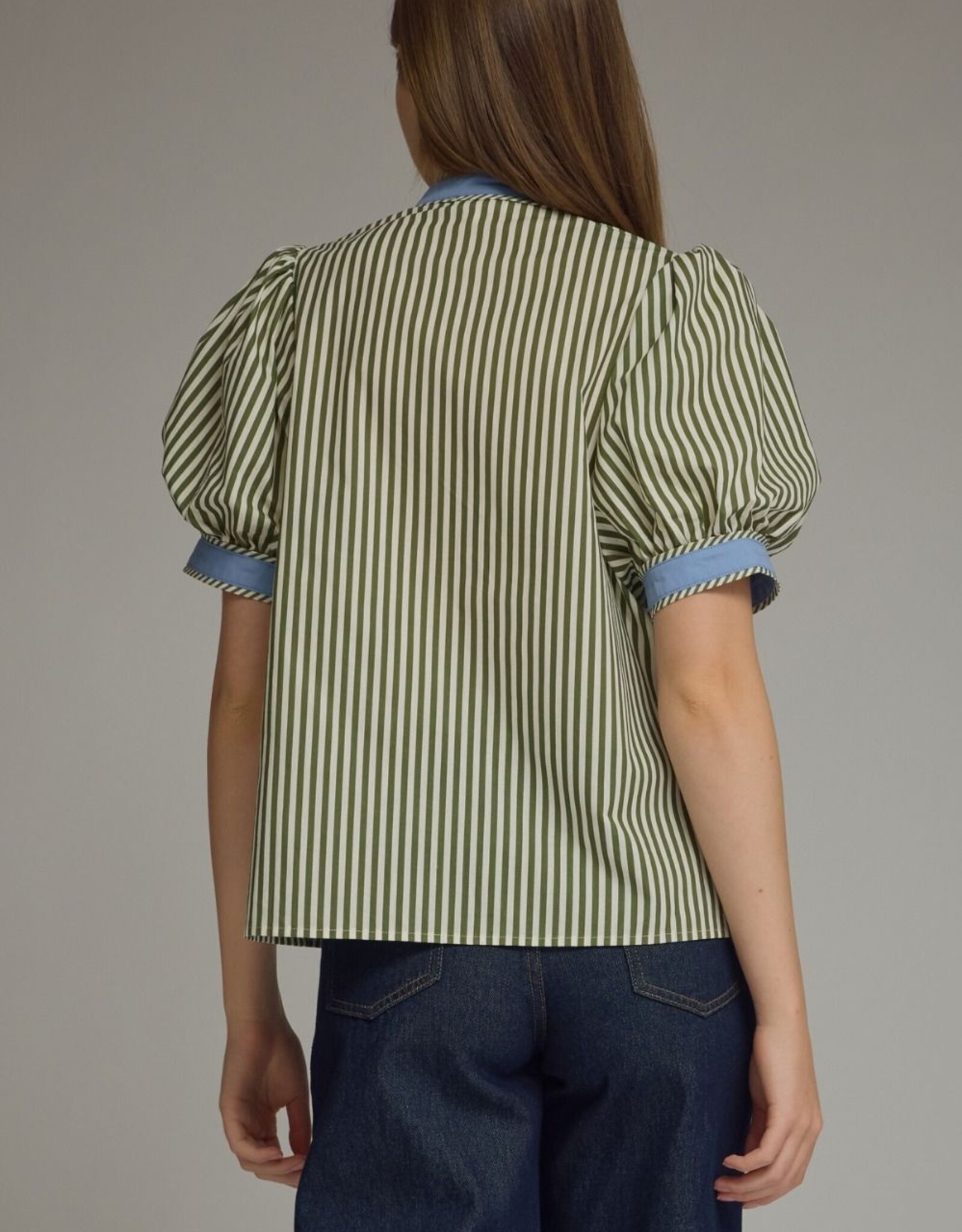 Olive Striped Top w/ Blue Trim