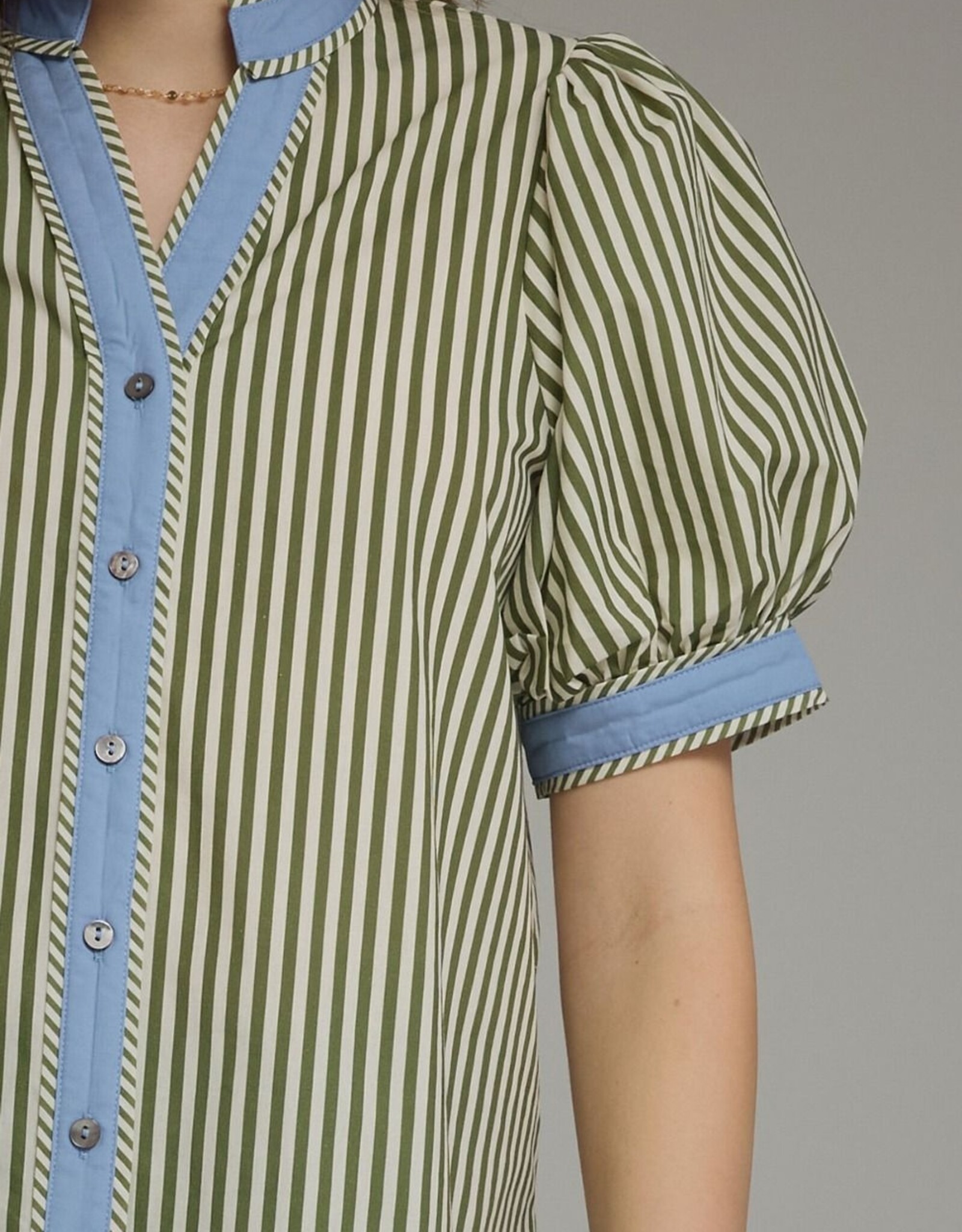 Olive Striped Top w/ Blue Trim