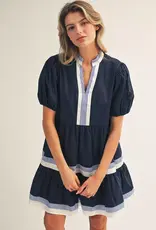 Navy Tiered Dress w/ Striped Trim