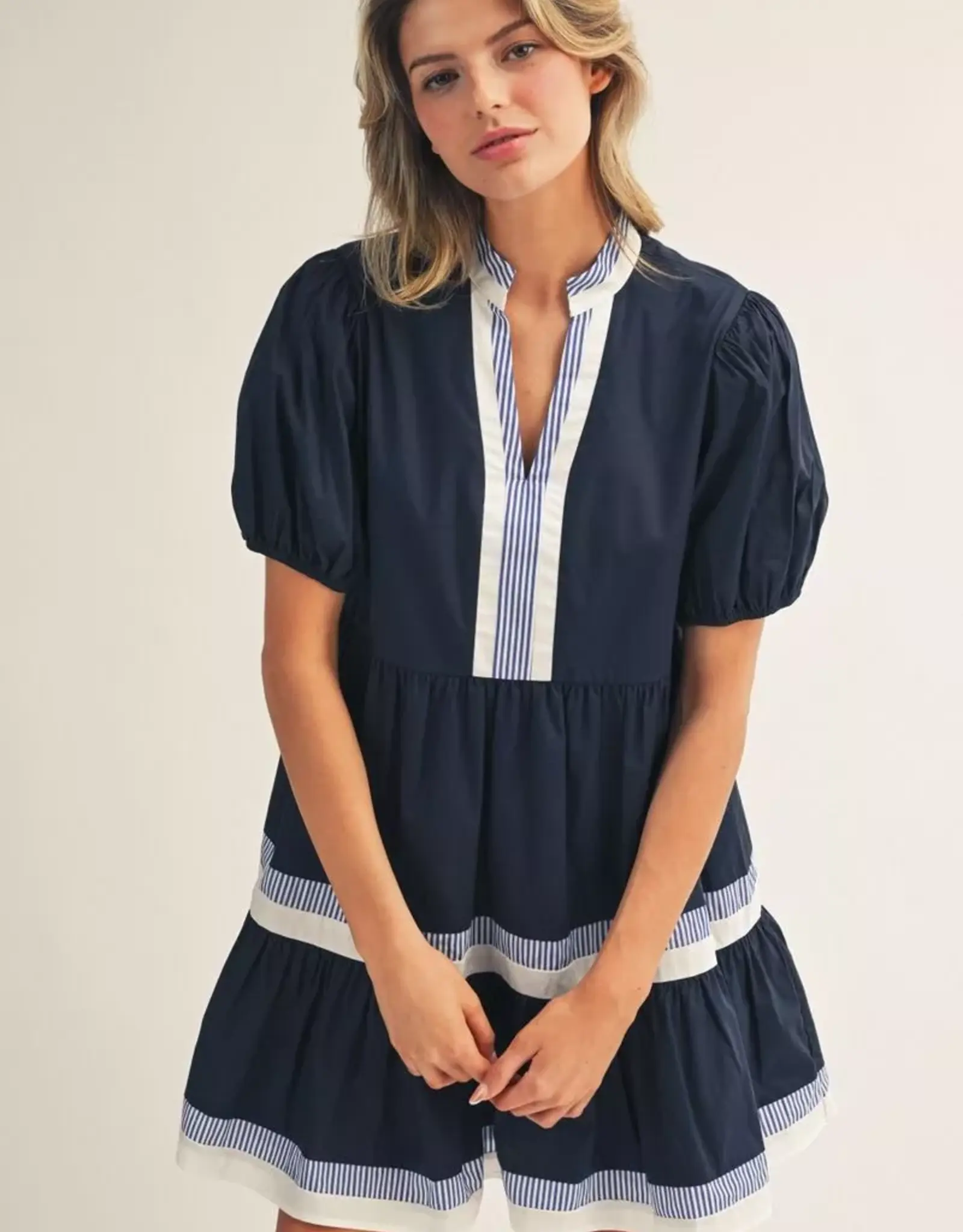 Navy Tiered Dress w/ Striped Trim