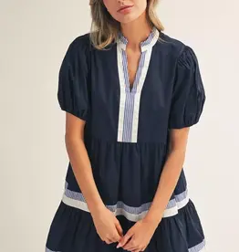 Navy Tiered Dress w/ Striped Trim