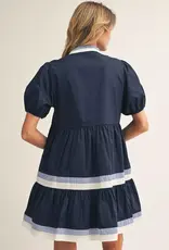 Navy Tiered Dress w/ Striped Trim