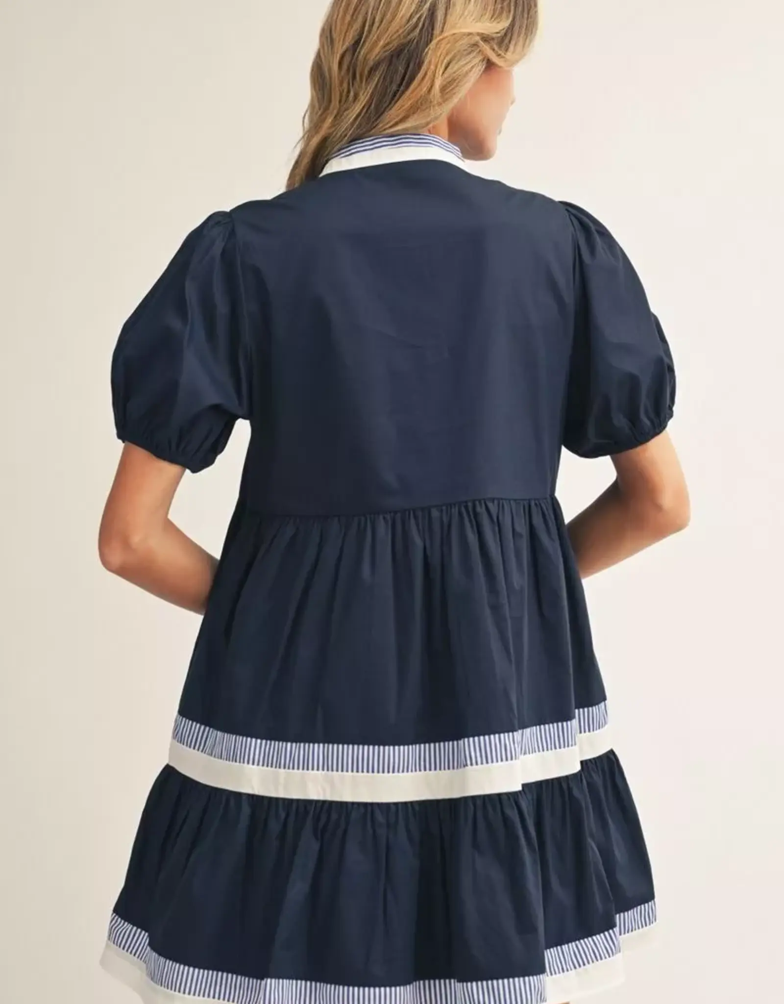 Navy Tiered Dress w/ Striped Trim