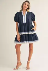Navy Tiered Dress w/ Striped Trim
