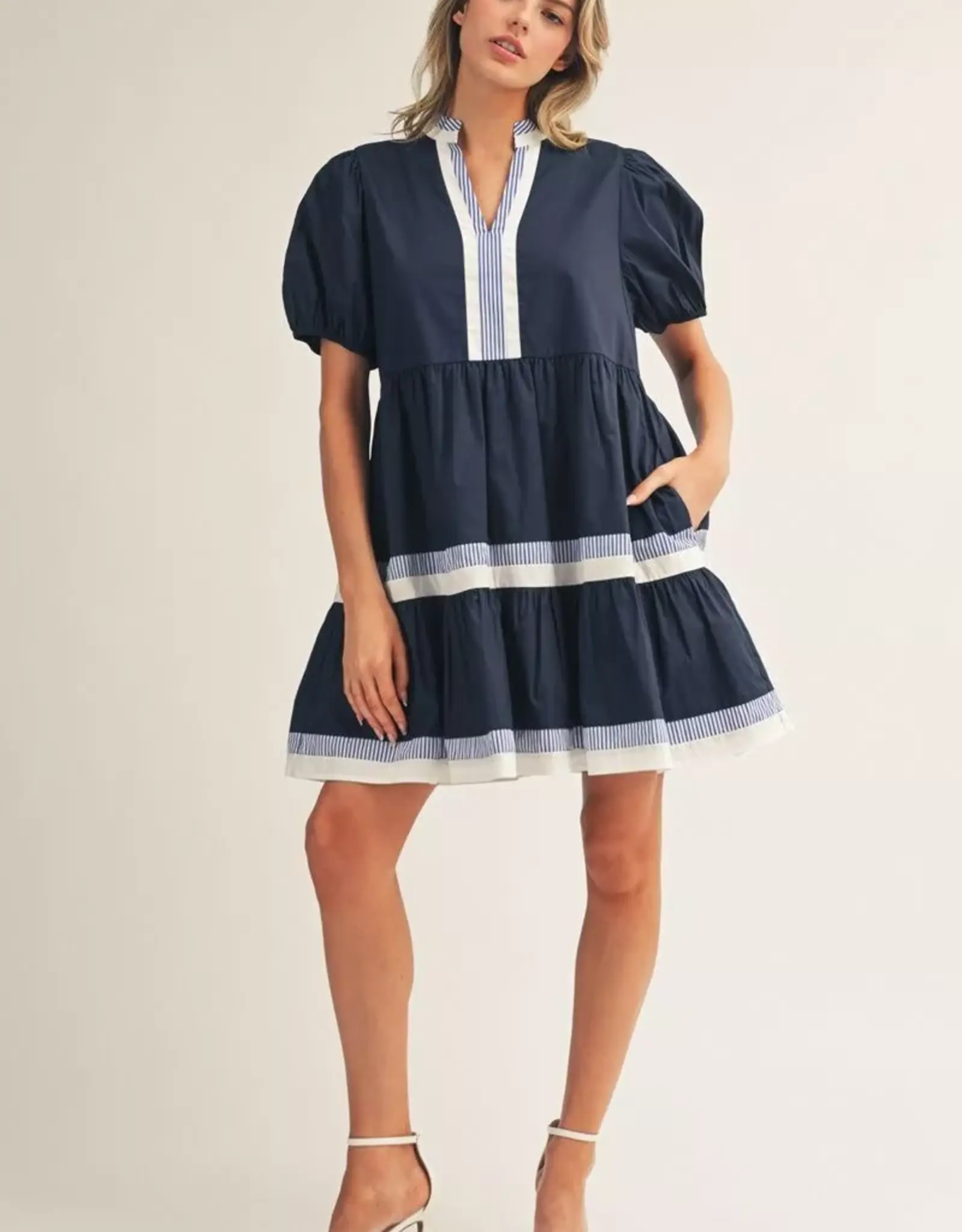 Navy Tiered Dress w/ Striped Trim