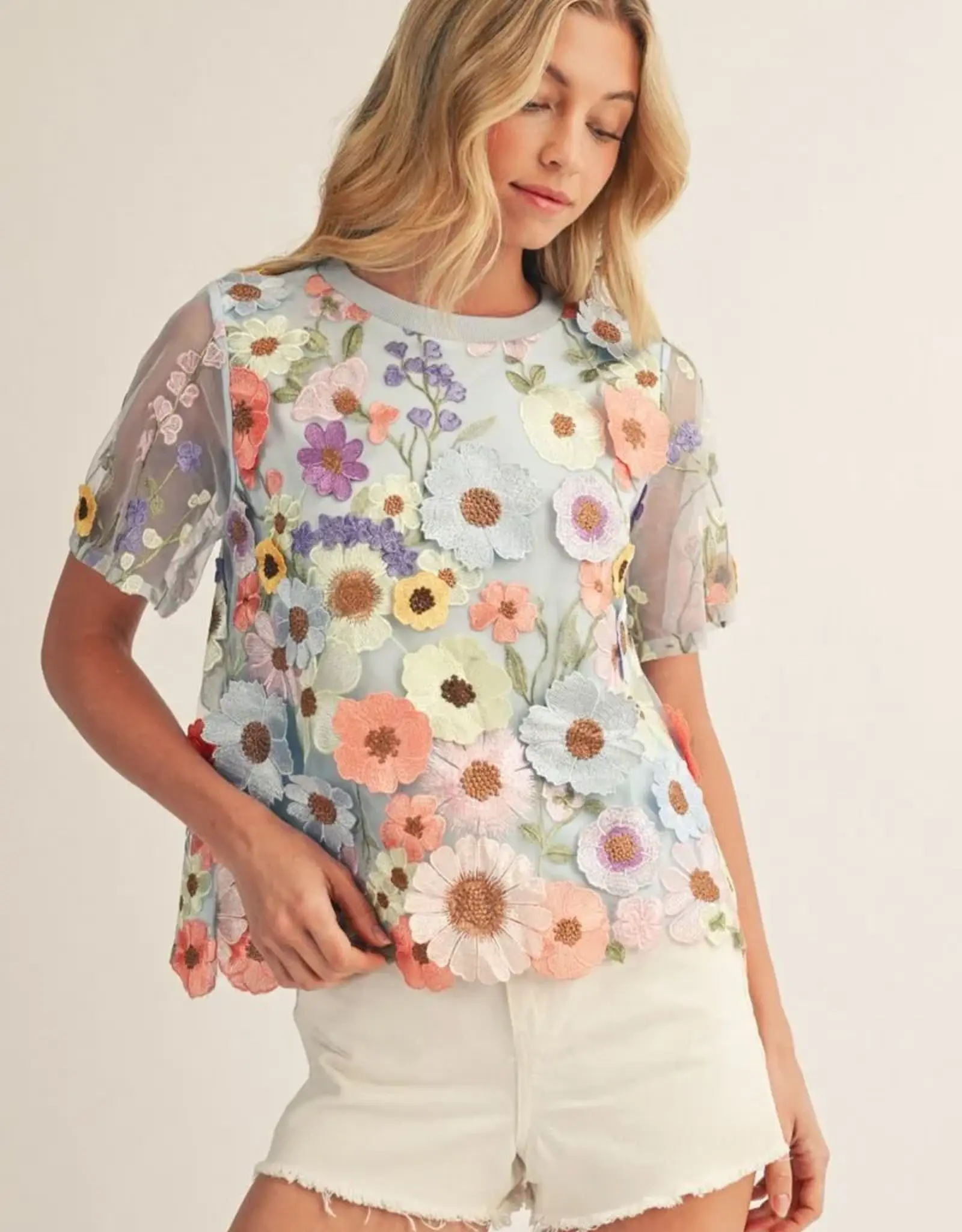 Blue 3D Floral Top