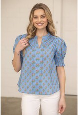 VOY Blue Smocked Floral Top