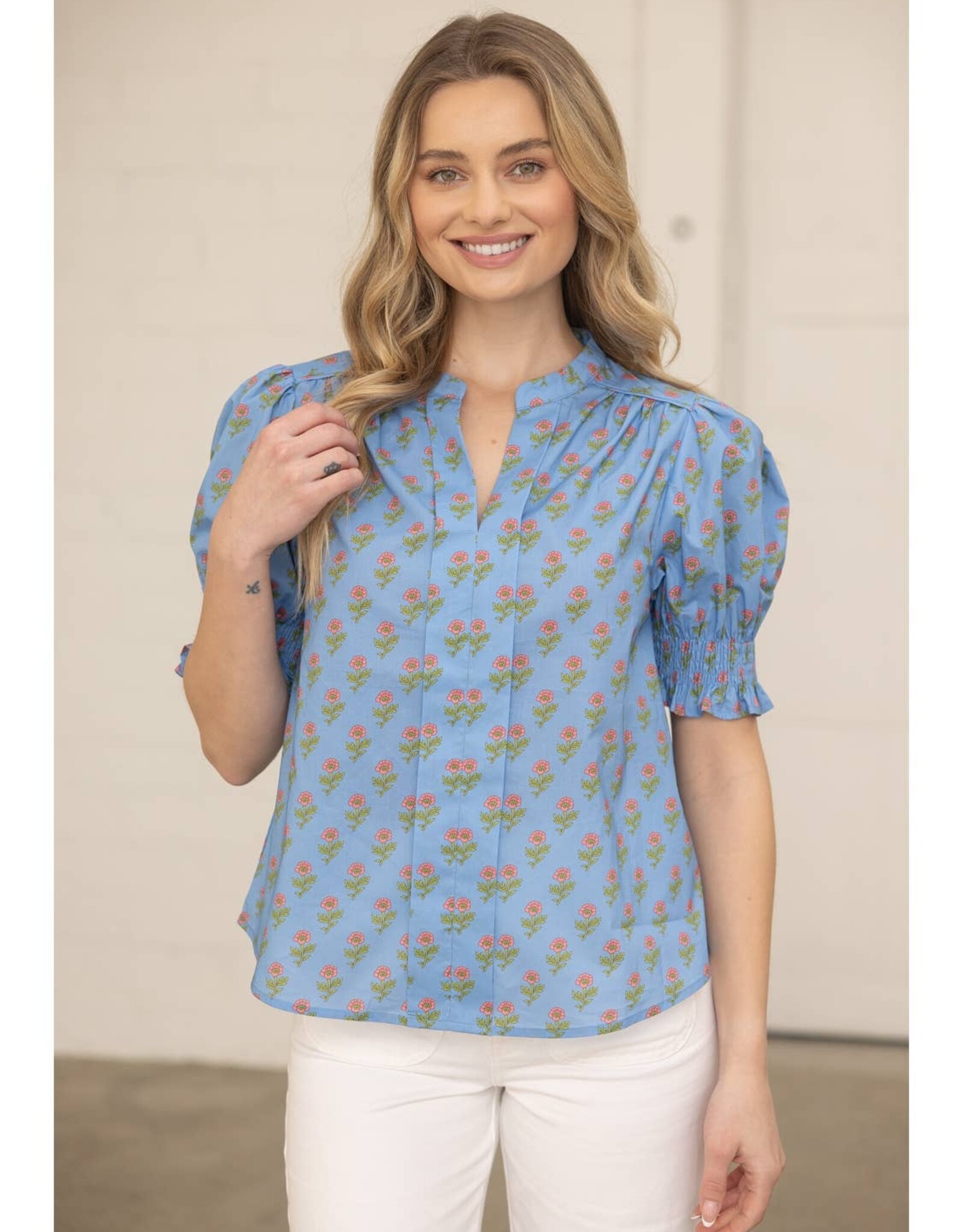 VOY Blue Smocked Floral Top
