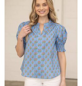 VOY Blue Smocked Floral Top