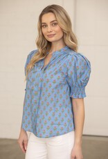 VOY Blue Smocked Floral Top
