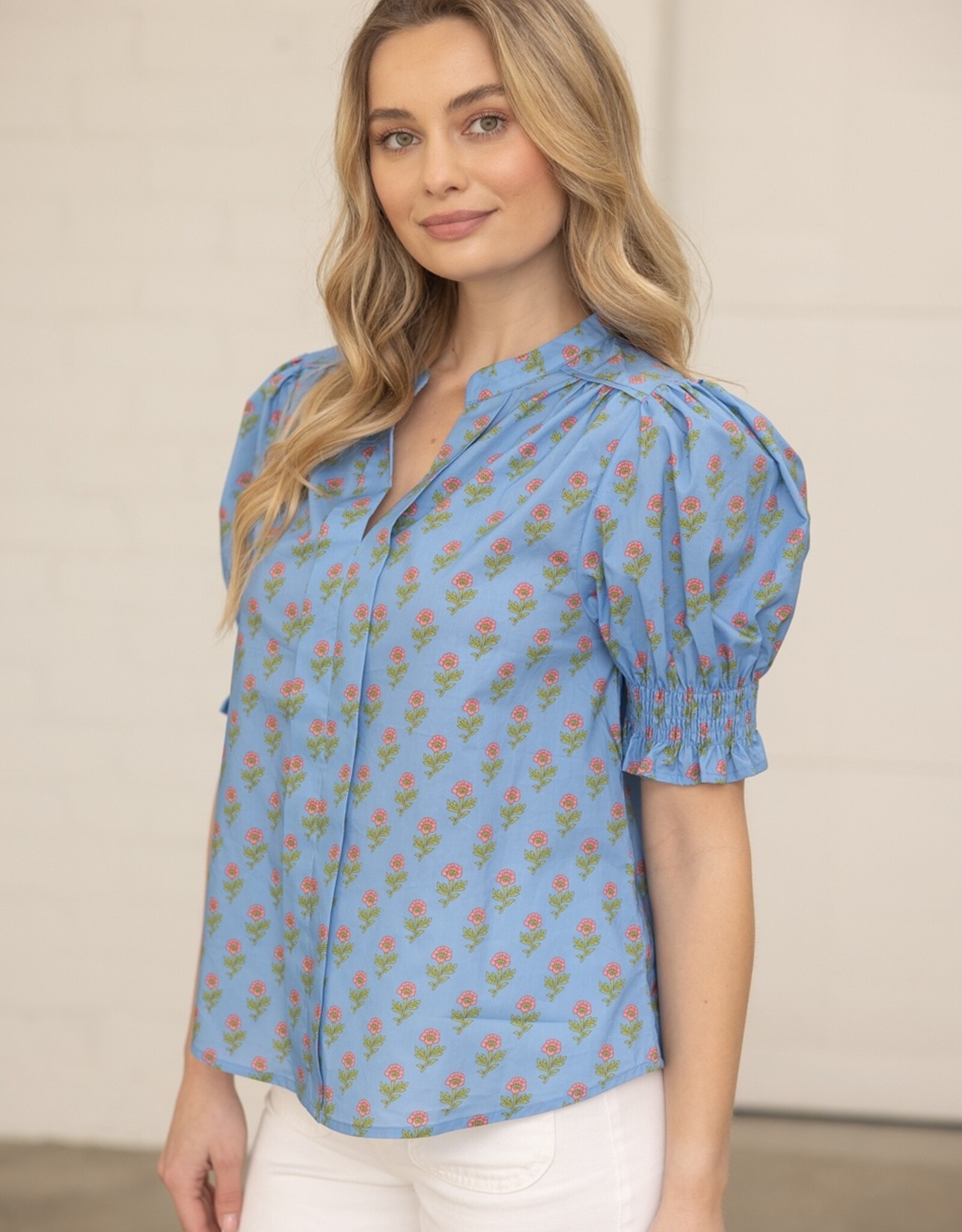 VOY Blue Smocked Floral Top