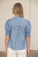VOY Blue Smocked Floral Top