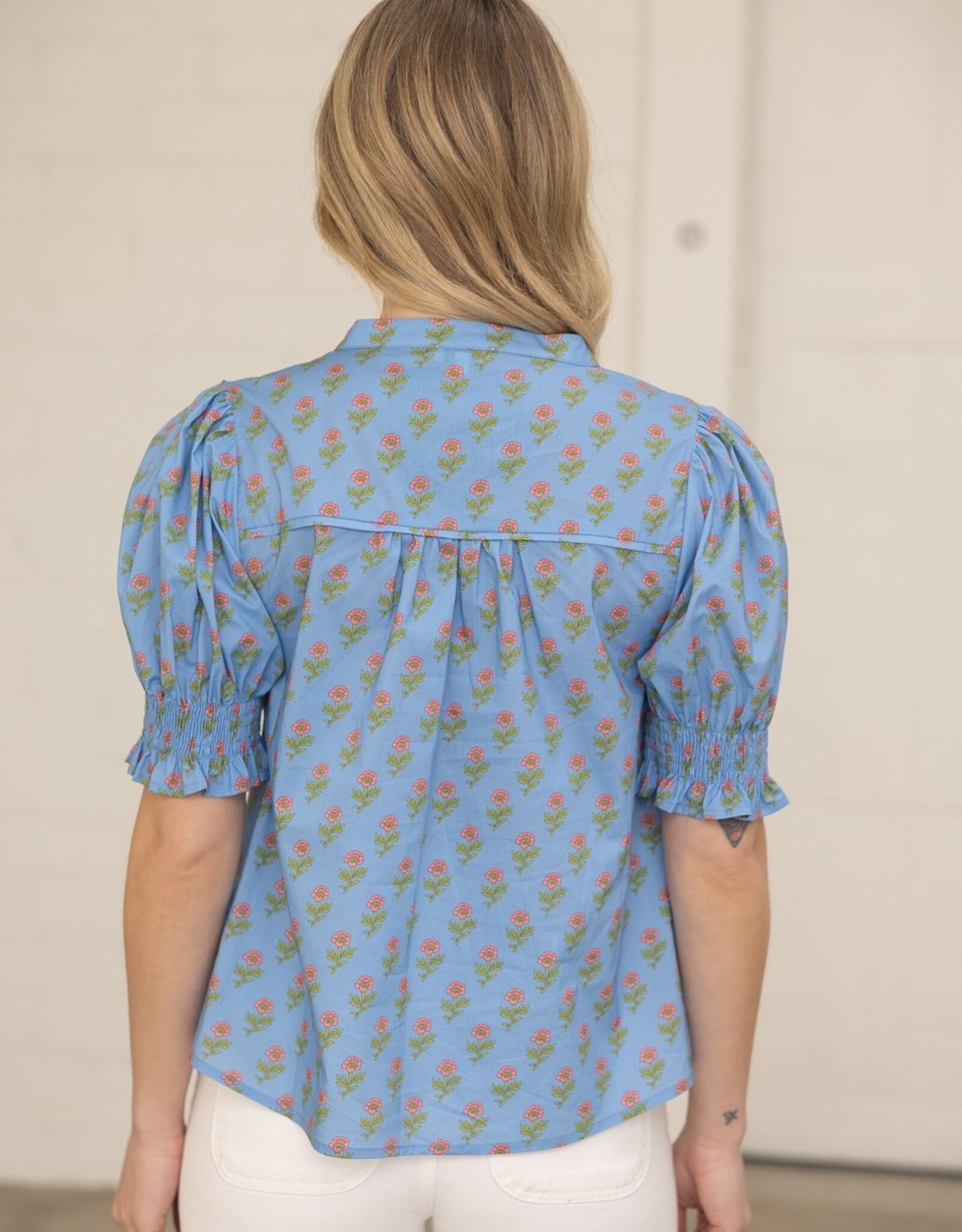 VOY Blue Smocked Floral Top