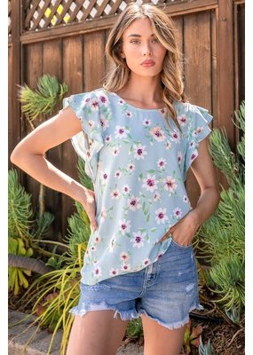 Les Amis Ruffled Sleeve Floral Top