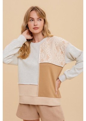 Hem & Thread Lace Contrast Color Block Terry Pullover