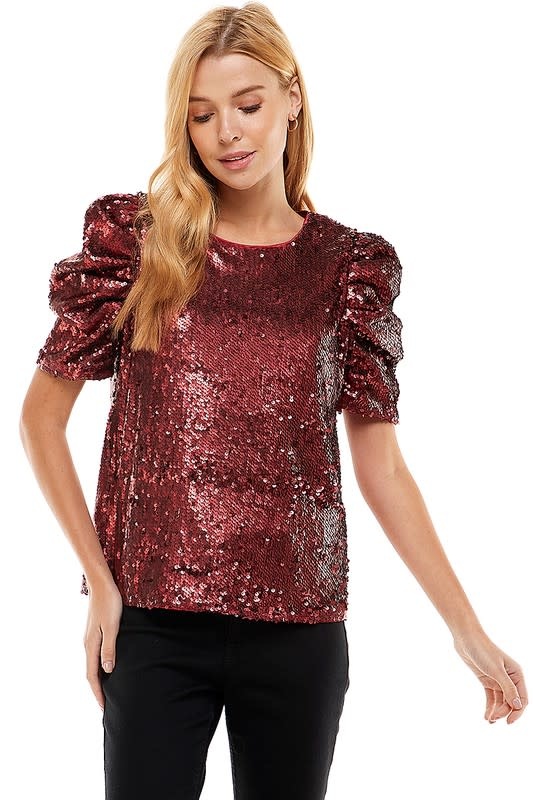 TCEC Sequin Puff Sleeve Holiday Top CT7764 - Bootery Boutique