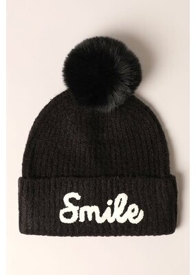 David and Young Smile Script Embroidered Pom Beanie