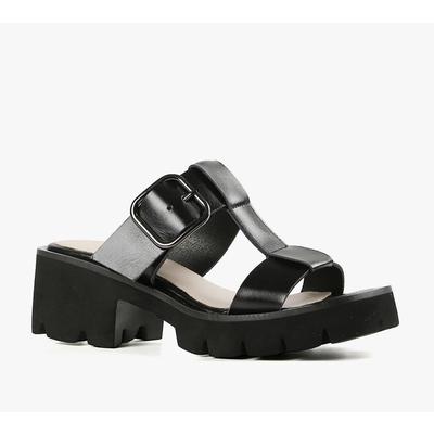 All Black Buckle Lugg Mule Sandal