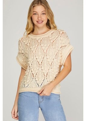 She + Sky Ball Trim Textured Sweater Top